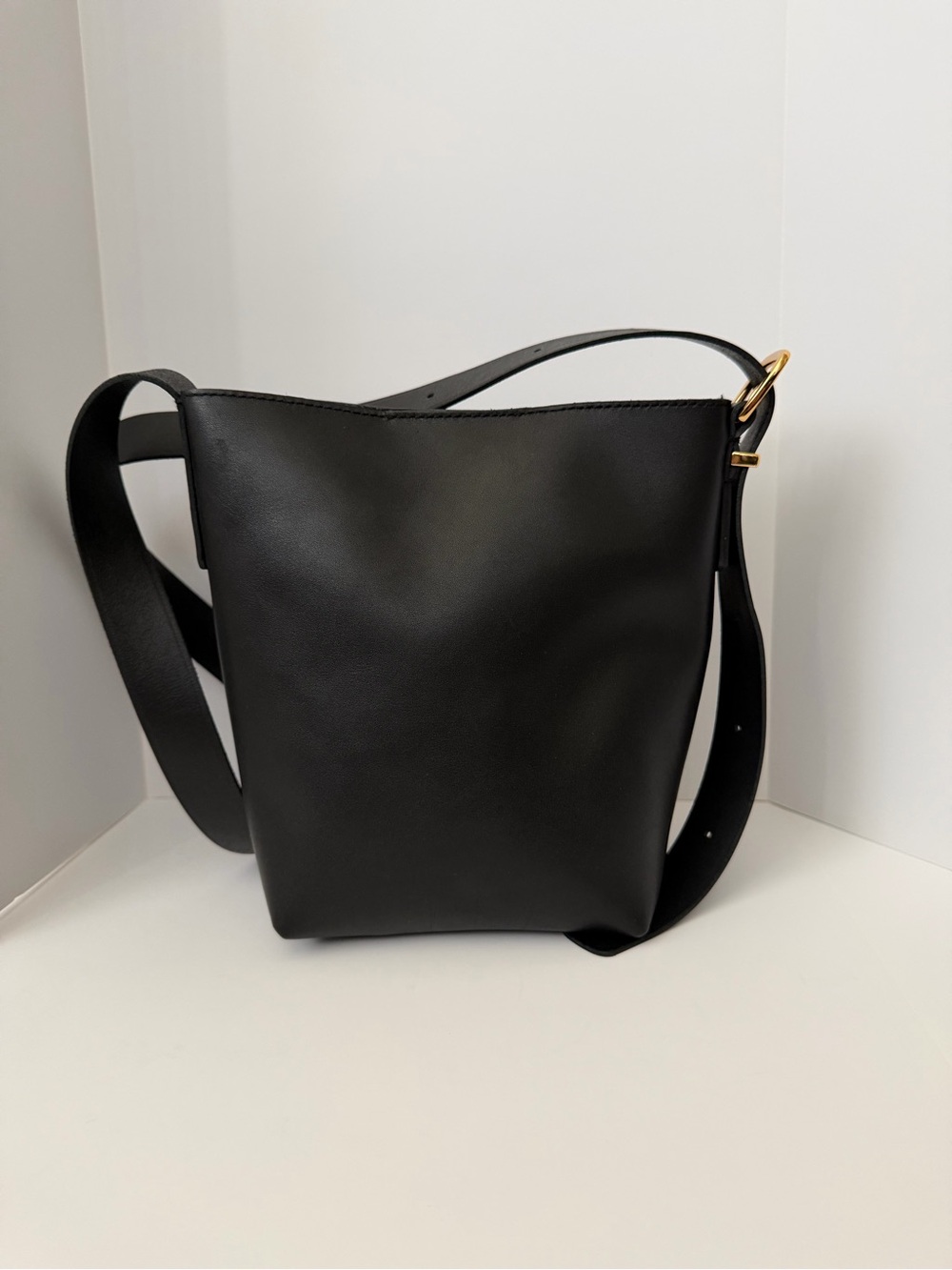 Madewell Black Leather Crossbody Mini Bucket Bag with Gold Hardware